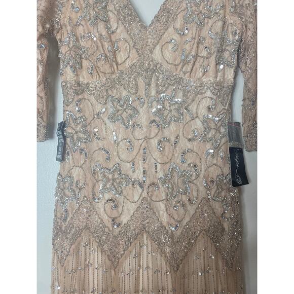 PISARRO NIGHTS DRESS 2 TAN BEIGE GOWN MOB FALL EVENING LONG FORMAL SEQUIN BEADED - Picture 11 of 16